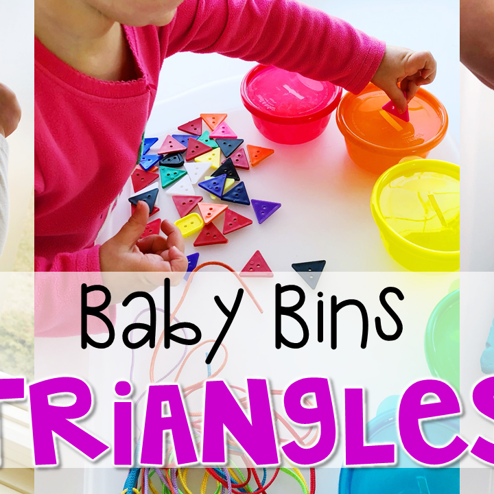 These triangle themed sensory bins and activities are great for learning shapes and completely baby safe. Baby Bins are the perfect way to learn, build language, play and explore with little ones between 12-24 months old.