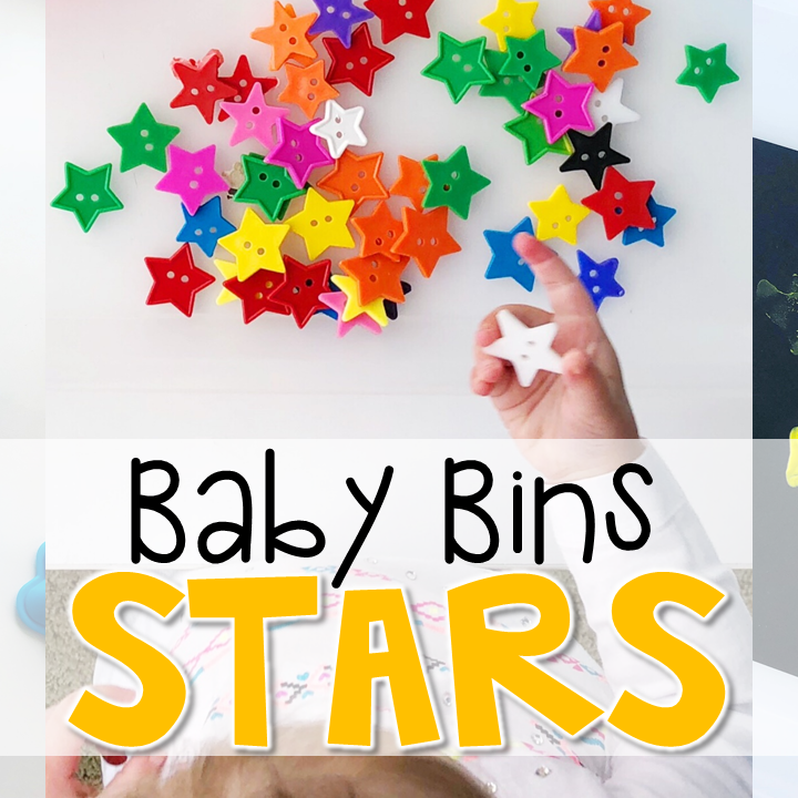 These star themed sensory bins and activities are great for learning and play and are completely baby safe. Baby Bins are the perfect way to learn, build language, play and explore with little ones between 12-24 months old.