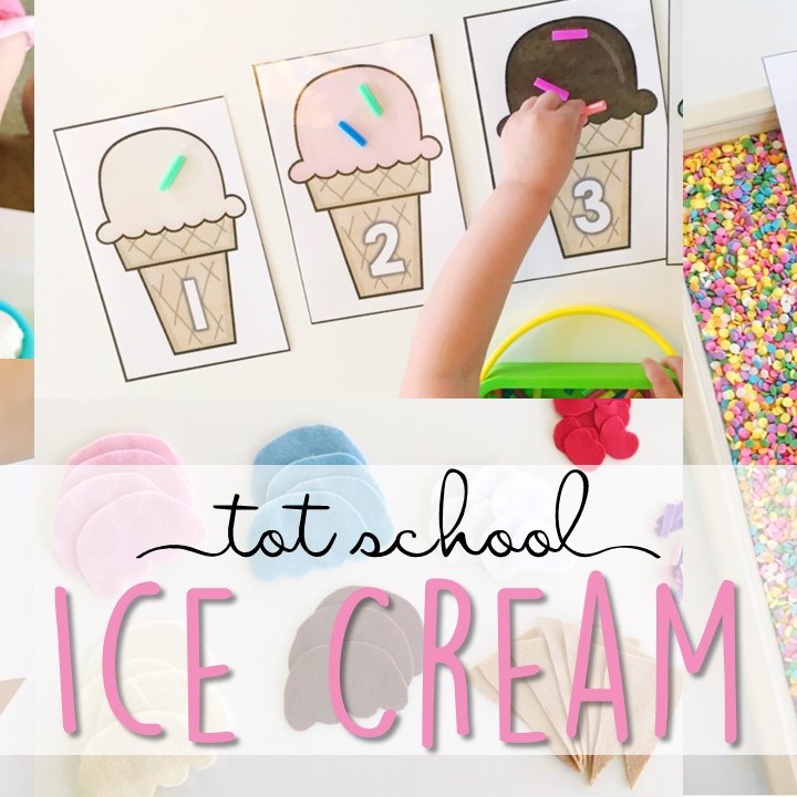 Tons of ice cream themed activities and ideas. Weekly plan includes books, literacy, math, science, art, sensory bins, and more! Perfect for tot school, preschool, or kindergarten.