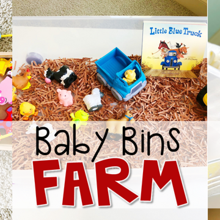 These farm themed sensory bins and activities are great for learning and play and are completely baby safe. Baby Bins are the perfect way to learn, build language, play and explore with little ones between 12-24 months old.