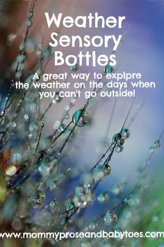 This may contain: water drops on the grass with text that reads, weather sensory bottles a great way to explore the weather on the days when you can't go outside