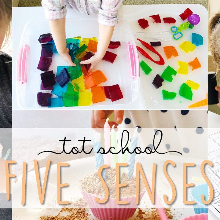 Tons of five senses themed activities and ideas. Weekly plan includes books, literacy, math, science, art, sensory bins, and more! Perfect for tot school, preschool, or kindergarten.