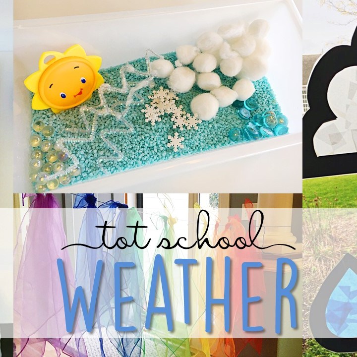 Tons of weather themed activities and ideas. Weekly plan includes books, fine motor, gross motor, sensory bins, snacks and more! Perfect for tot school, preschool, or kindergarten.