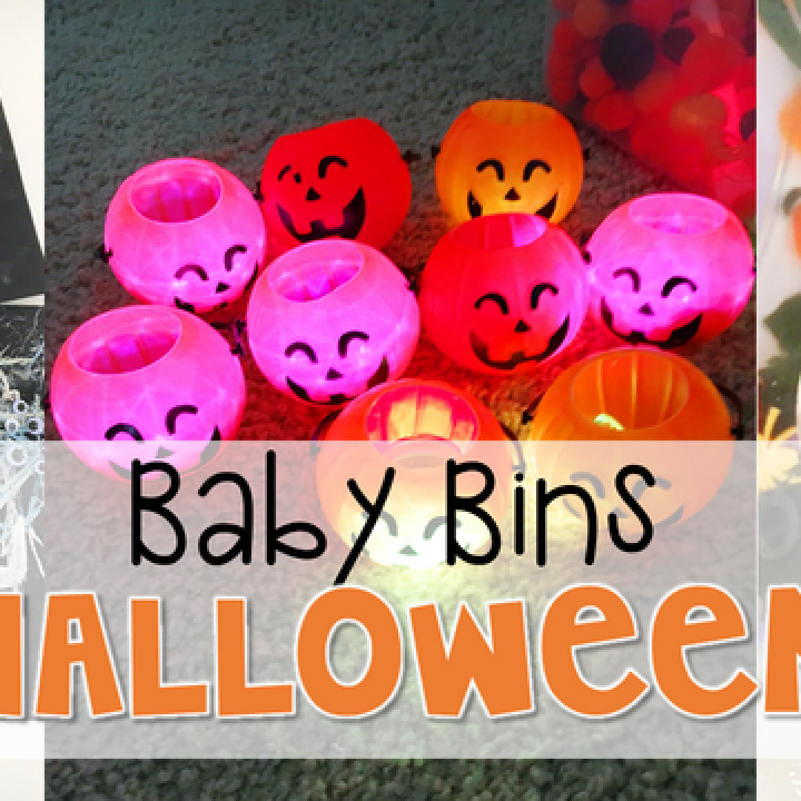 These Halloween themed sensory bins and activities are great for learning and play in the fall and are completely baby safe. Baby Bins are the perfect way to learn, build language, play and explore with little ones between 12-24 months old.