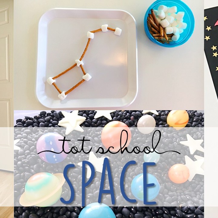 Tons of space themed activities and ideas. Weekly plan includes books, literacy, math, science, art, sensory bins, and more! Perfect for tot school, preschool, or kindergarten.