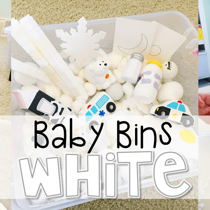 These white themed sensory bins and activities are great for learning colors and completely baby safe. Baby Bins are the perfect way to learn, build language, play and explore with little ones between 12-24 months old.