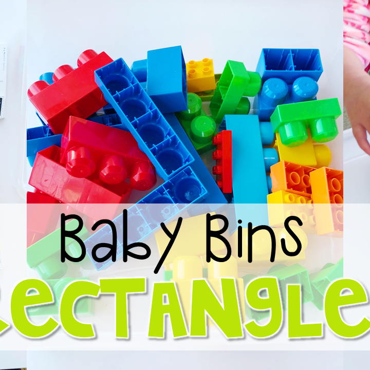 These rectangle themed sensory bins and activities are great for learning shapes and completely baby safe. Baby Bins are the perfect way to learn, build language, play and explore with little ones between 12-24 months old.