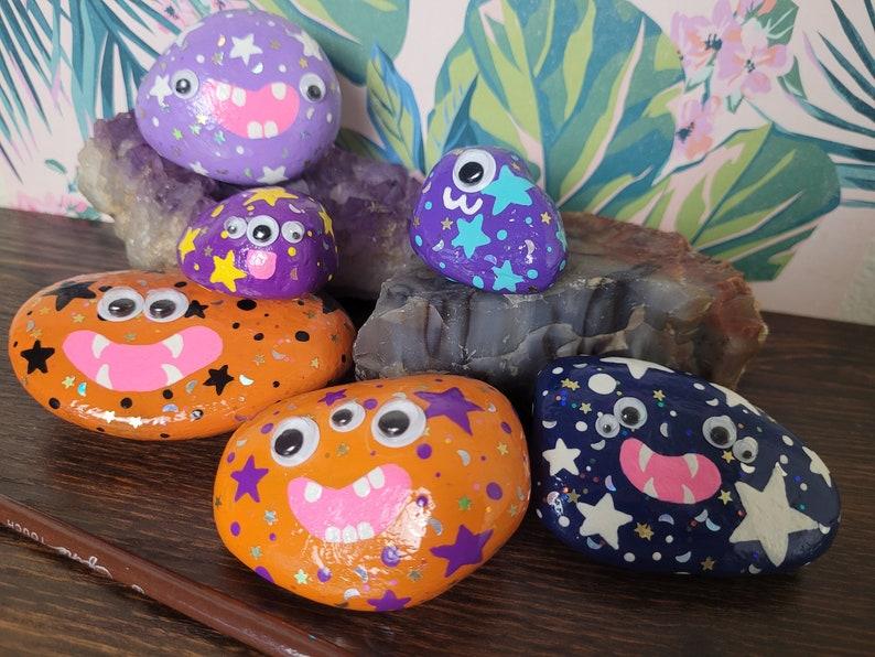 Starry Lil' Monster Hand Painted Rocks  Set of 5 image 1