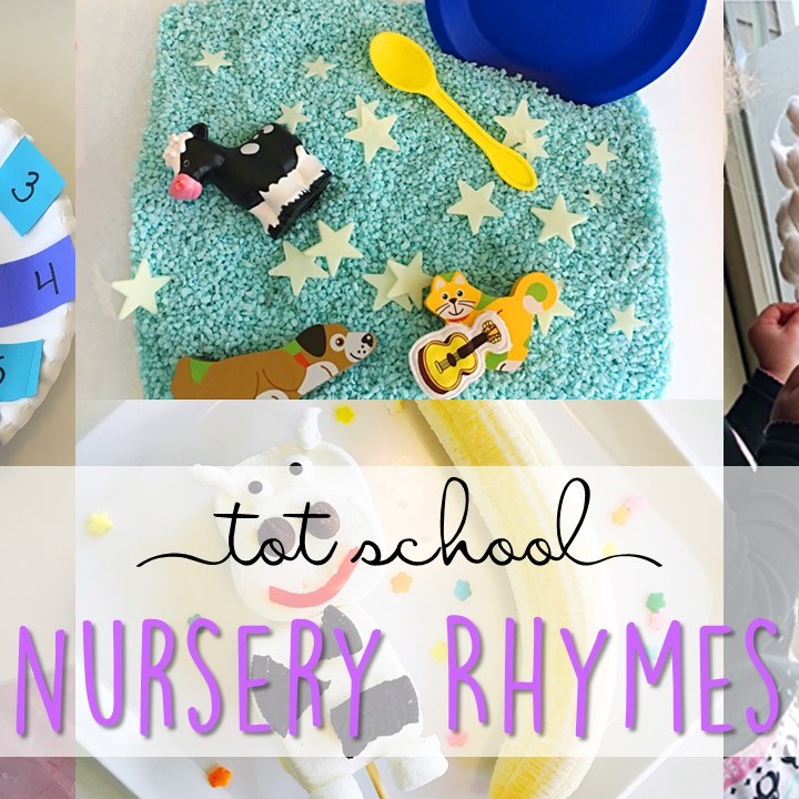 Tons of nursery rhyme activities and ideas. Weekly plan includes books, literacy, math, science, art, sensory bins, and more! Perfect for tot school, preschool, or kindergarten.