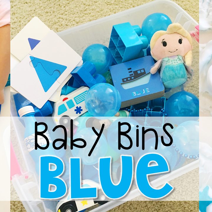 These blue themed sensory bins and activities are great for learning colors and completely baby safe. Baby Bins are the perfect way to learn, build language, play and explore with little ones between 12-24 months old.