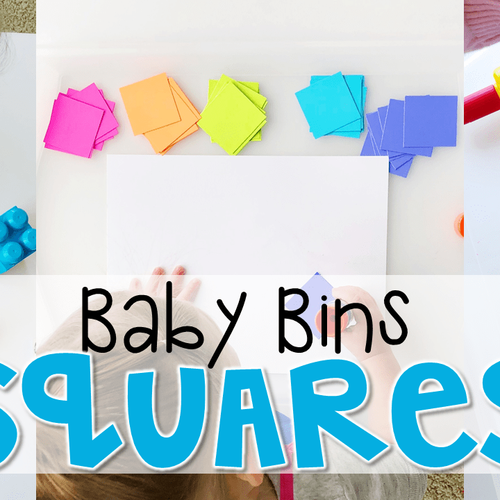 These square themed sensory bins and activities are great for learning shapes and completely baby safe. Baby Bins are the perfect way to learn, build language, play and explore with little ones between 12-24 months old.