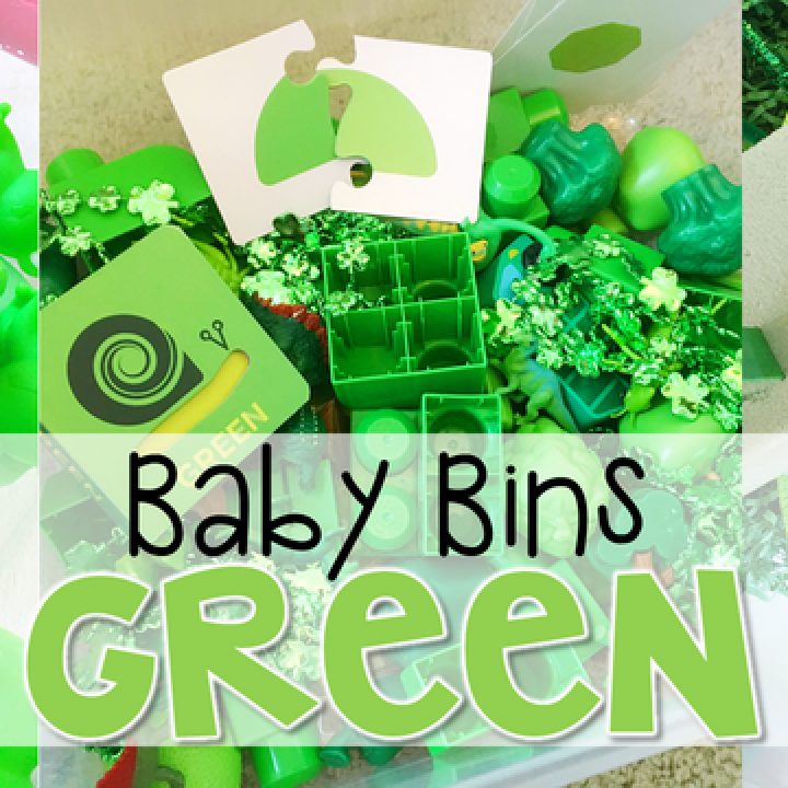 These green themed sensory bins and activities are great for learning colors and completely baby safe. Baby Bins are the perfect way to learn, build language, play and explore with little ones between 12-24 months old.