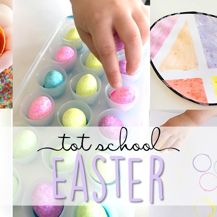 Tons of Easter themed activities and ideas. Weekly plan includes books, literacy, math, science, art, sensory bins, and more! Perfect for tot school, preschool, or kindergarten.