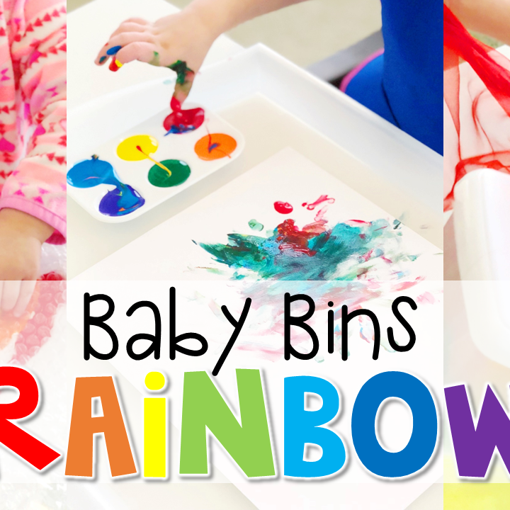 These rainbow themed sensory bins and activities are great for learning colors and completely baby safe. Baby Bins are the perfect way to learn, build language, play and explore with little ones between 12-24 months old.