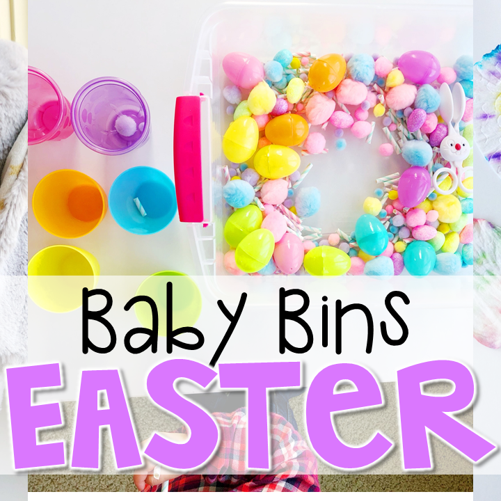 These Easter themed sensory bins and activities are great for learning and play and are completely baby safe. Baby Bins are the perfect way to learn, build language, play and explore with little ones between 12-24 months old.