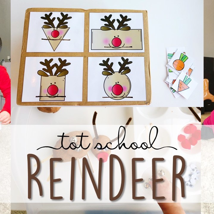 Tons of reindeer themed activities and ideas. Weekly plan includes books, literacy, math, science, art, sensory bins, and more! Perfect for winter in tot school, preschool, or kindergarten.