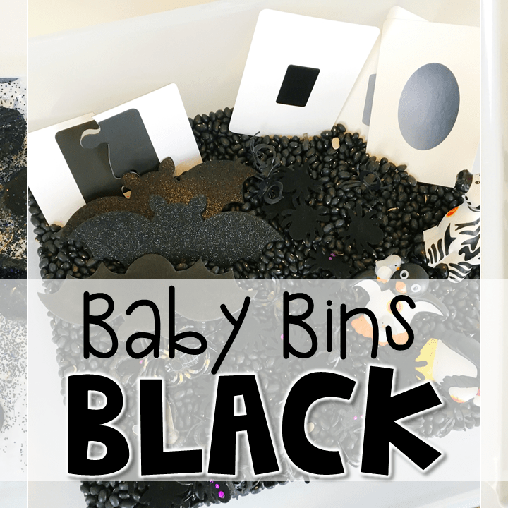 These black themed sensory bins and activities are great for learning colors and completely baby safe. Baby Bins are the perfect way to learn, build language, play and explore with little ones between 12-24 months old.