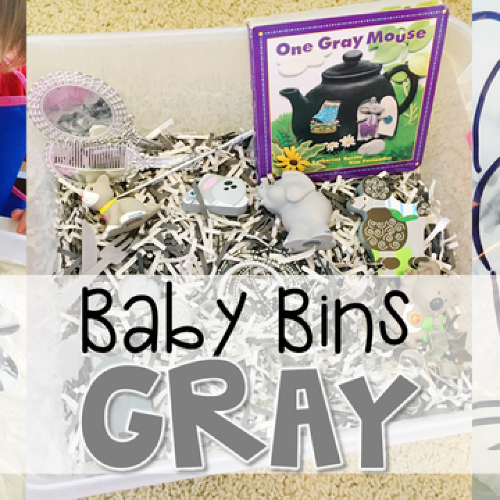 These gray themed sensory bins and activities are great for learning colors and completely baby safe. Baby Bins are the perfect way to learn, build language, play and explore with little ones between 12-24 months old.