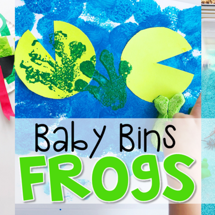 These frog themed sensory bins and activities are great for learning and play and are completely baby safe. Baby Bins are the perfect way to learn, build language, play and explore with little ones between 12-24 months old.