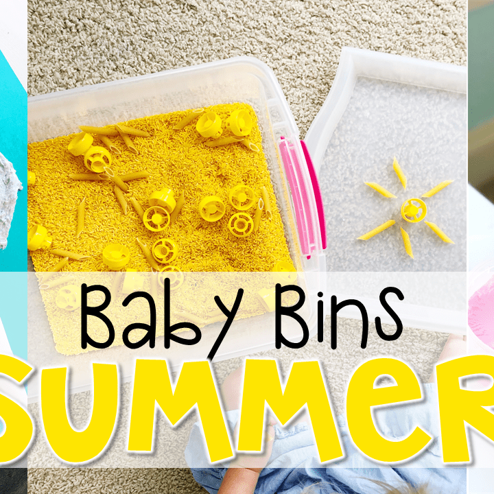 These summer themed sensory bins and activities are great for learning and play and are completely baby safe. Baby Bins are the perfect way to learn, build language, play and explore with little ones between 12-24 months old.