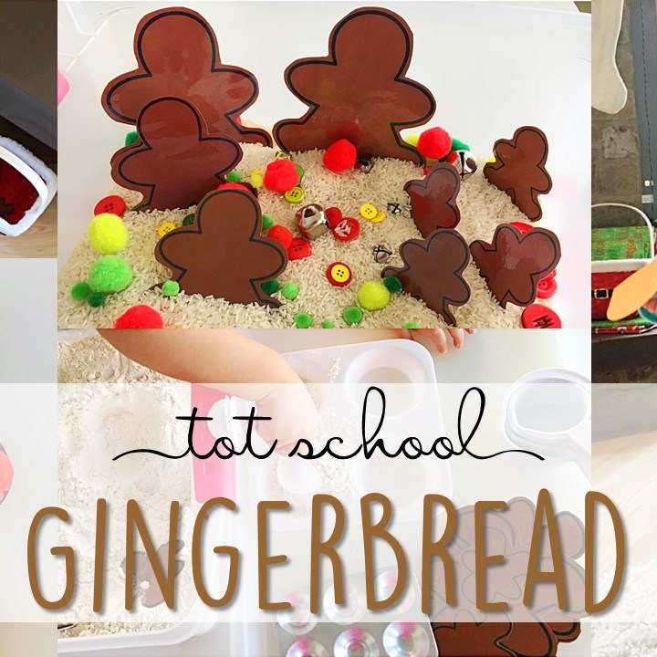 Tons of gingerbread themed activities and ideas. Weekly plan includes books, literacy, math, science, art, sensory bins, and more! Perfect for Christmas time in  tot school, preschool, or kindergarten.