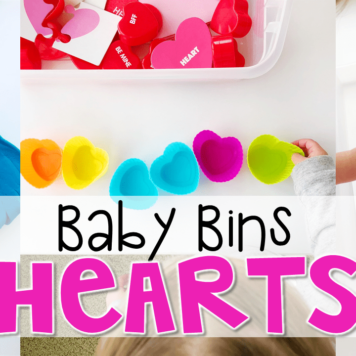 These heart themed sensory bins and activities are great for learning and play and are completely baby safe. Baby Bins are the perfect way to learn, build language, play and explore with little ones between 12-24 months old.