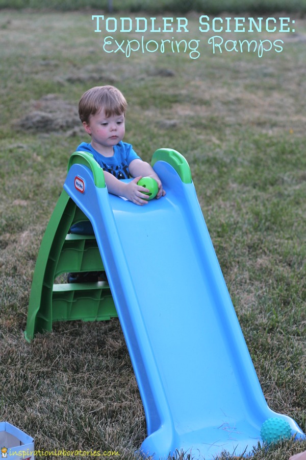 Use a slide to explore ramps in this toddler science investigation. It's such a fun preschool science lesson.